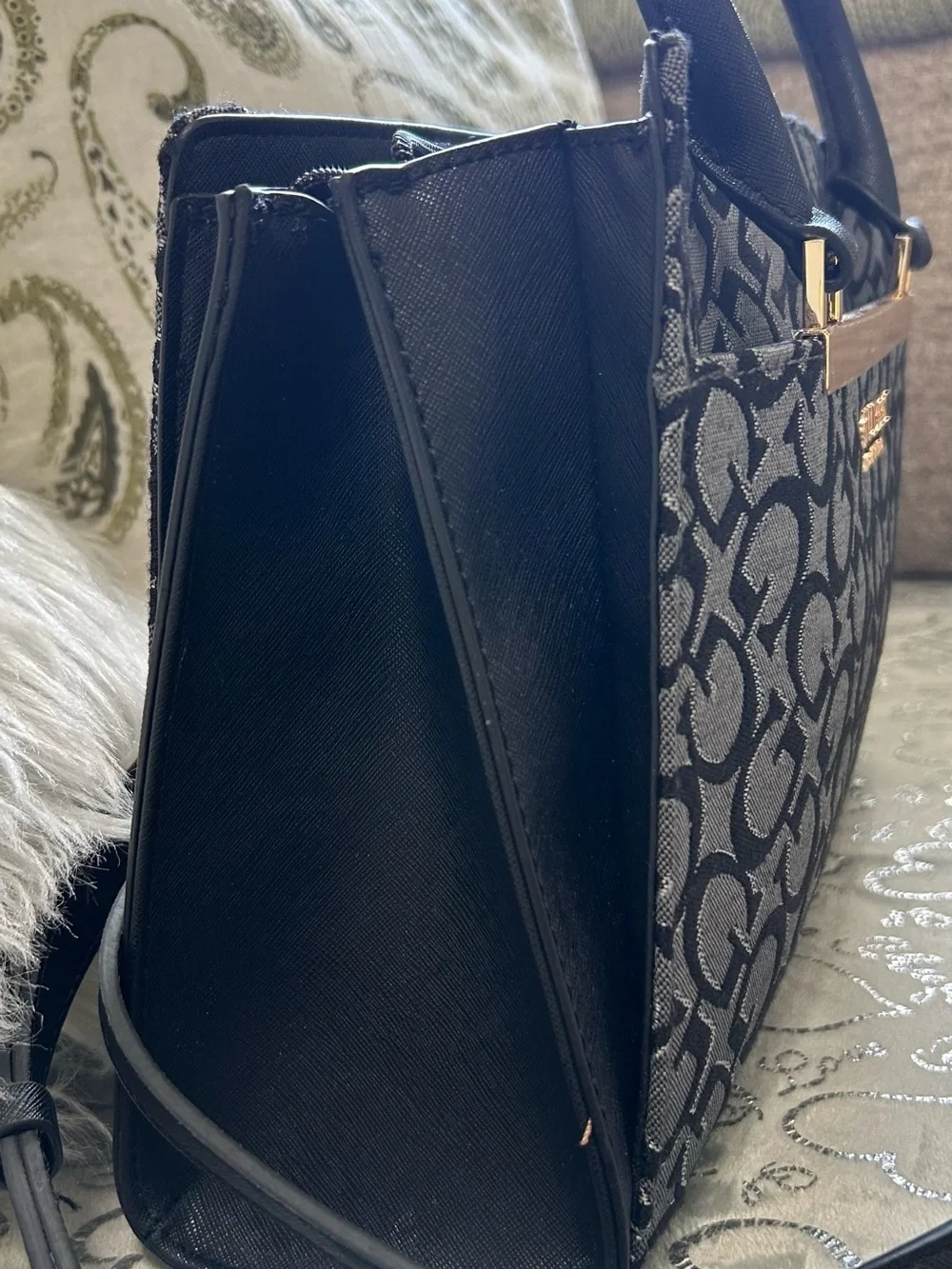NWT GUESS Black & Gray Medium Logo Marva Jacquard Satchel with Gold Accent